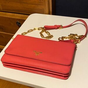 Authentic Prada Coral-Red Saffiano Leather Crossbody with Gold Chain Strap